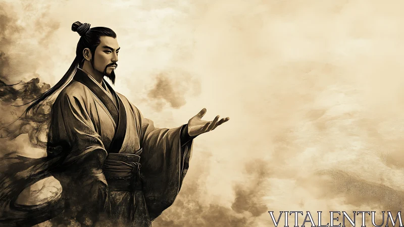 Wise robed figure welcomes the horizon with calm grace.