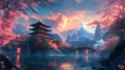 Cherry blossom pagoda dreamscape over misty jade waters.