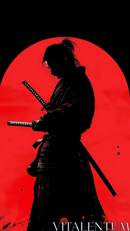 Samurai silhouette with dual katanas against red sun backdrop