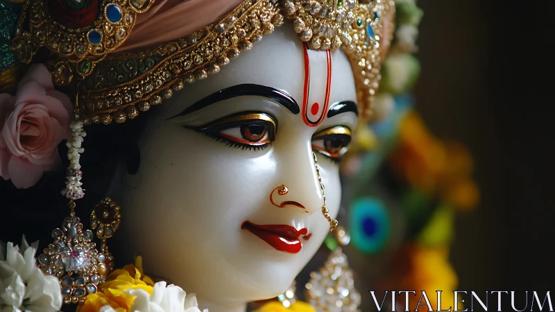 Close portrait of ornate Hindu deity statue with garlands.