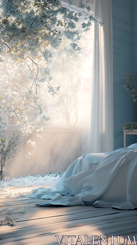 Soft morning light over bed beneath white blossom branches.