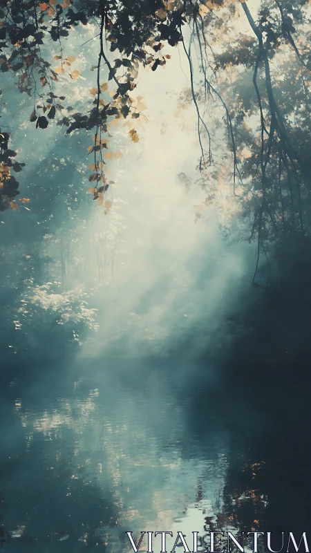 Soft morning light filters through mist over forest pond