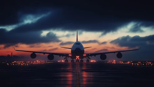 Widebody airliner awaits night takeoff under stormy dusk sky.