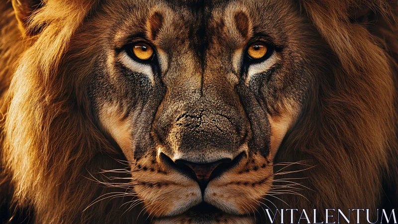 Lion face captured in extreme close-up frontal portrait