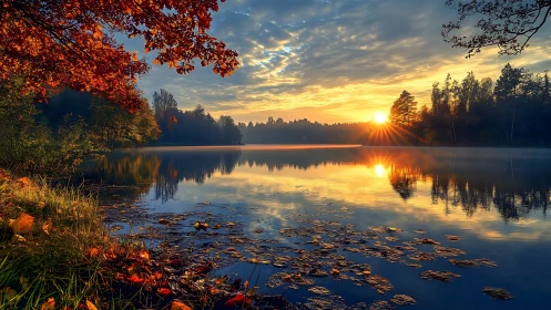 Autumn lakeside landscape with sunrise and forest reflection.