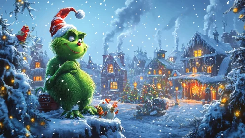 Green furry creature surveys illuminated snowy Christmas village