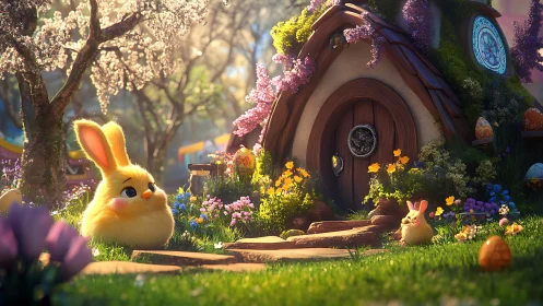 Digital spring garden with stylized rabbits near cottage door