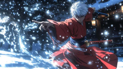 Samurai in red kimono channels dynamic snow energy in battle