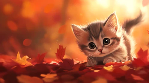 Kitten Surrounded by Autumn Leaves in Golden Sunlight.