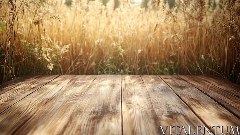 Sunlit wooden deck borders golden summer wheat field.