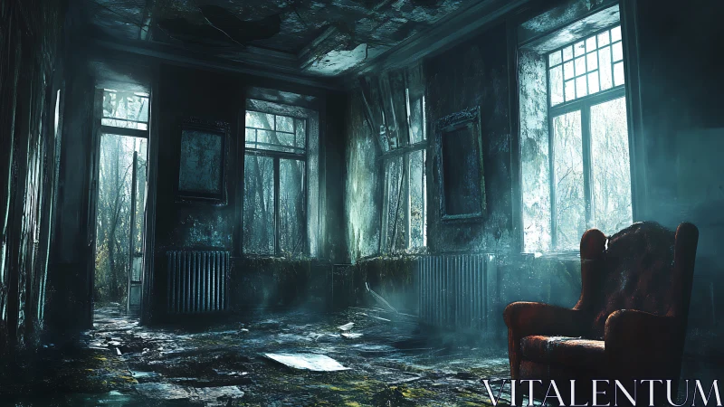 Decayed room surrounds solitary red armchair in cold light