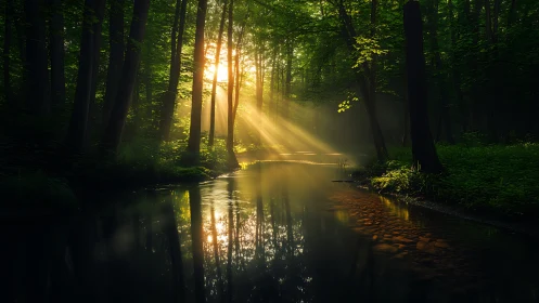 Serene sunlit forest river with lush greenery in atmospheric light.