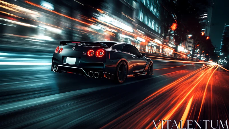 Sleek sports car races through neon city streets at night