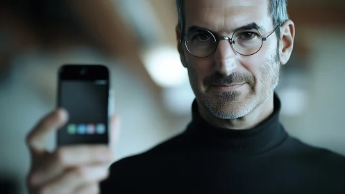 Tech visionary holds smartphone in cool studio light.