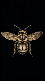 Gold line illustration of a bee on solid black background.