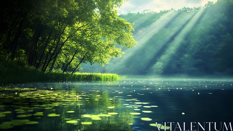 Sunlit forest lake ripples gently beneath glowing morning beams