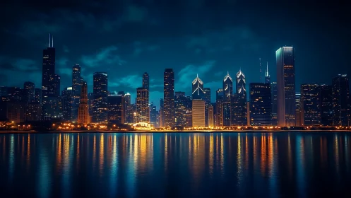 Night city skyline reflects across calm urban waterfront