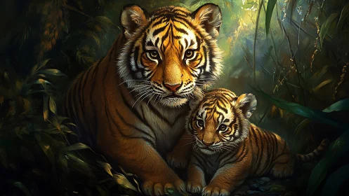 Mother Tiger Shelters Cub Within Luminous Jungle Canopy