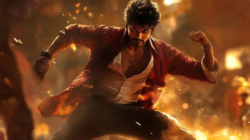 Dynamic fighter bursts through flames in dramatic motion shot.