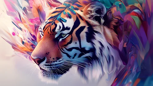 Radiant tiger rests amid swirling neon dream colors