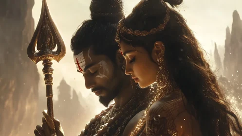 Two adorned figures stand closely with trident in soft light