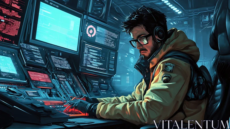 Midnight coder orchestrates neon data storms in icy silence