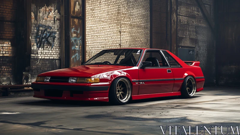 Red retro coupe stands bold in an abandoned urban warehouse