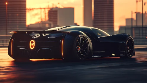 Futuristic hypercar glows at sunset on a sleek city rooftop