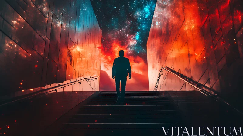 Stair-climbing dreamer steps into a corridor made of cosmos