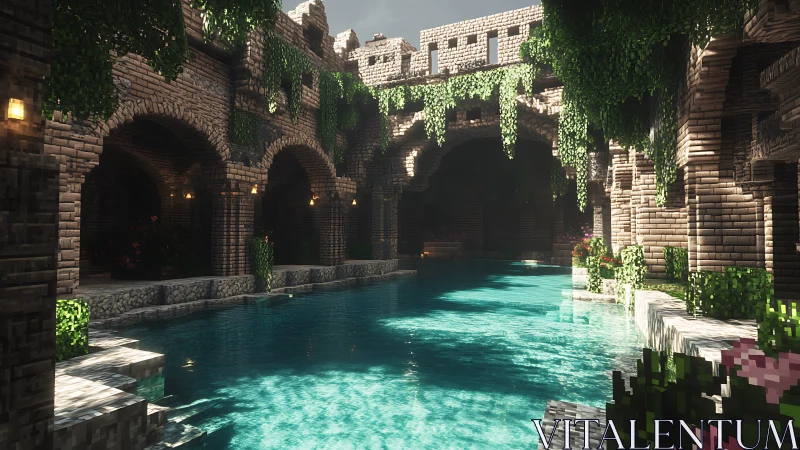 Voxel-lit aqueduct courtyard with reflective turquoise pool.