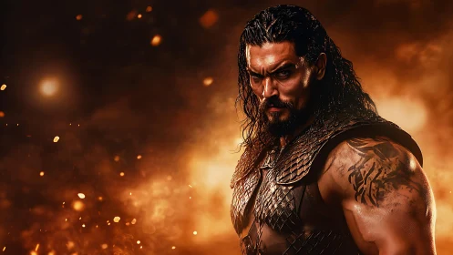 Armored warrior with long hair against fiery background.