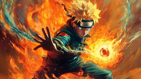 Fiery anime ninja unleashes swirling chakra blast.
