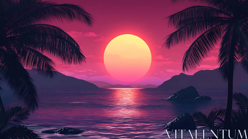 Dreamy neon sunset over tranquil tropical shoreline.