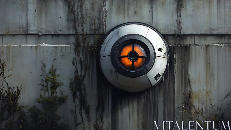 Spherical surveillance device mounted on stained concrete wall.