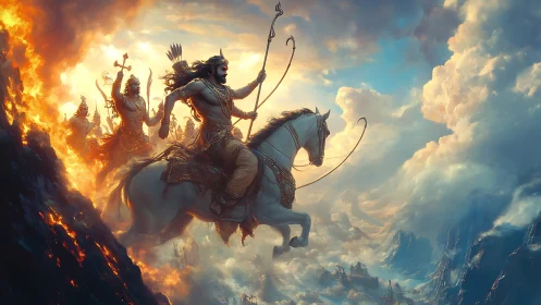 Mythic cavalry charge crossing firelit sky and storm clouds.