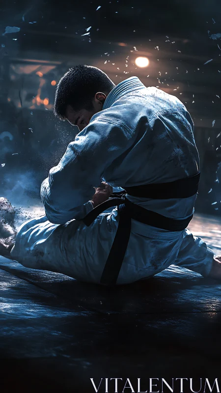 Martial artist in white gi rises from gritty dojo floor.