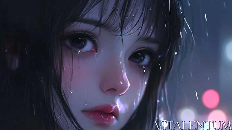 Digital close-up portrait shows wet face under nighttime rain