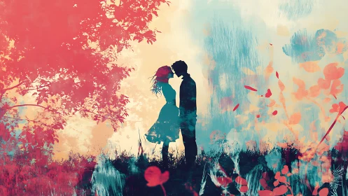 Couple Kissing Silhouette Amid Vibrant Floral Landscape