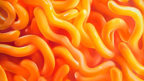 Glowing orange tubular forms curve across saturated red field