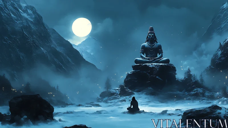 Moonlit Shiva dreamscape hushes the mountains into prayer