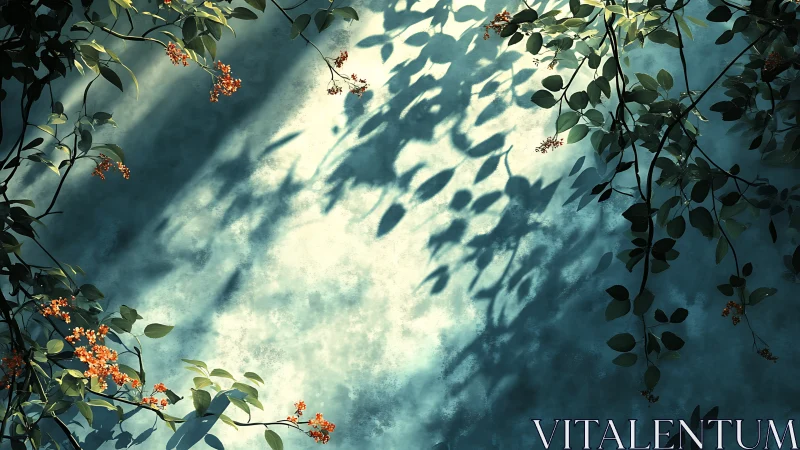 Sunlit botanical shadows on textured blue wall, artistic style.
