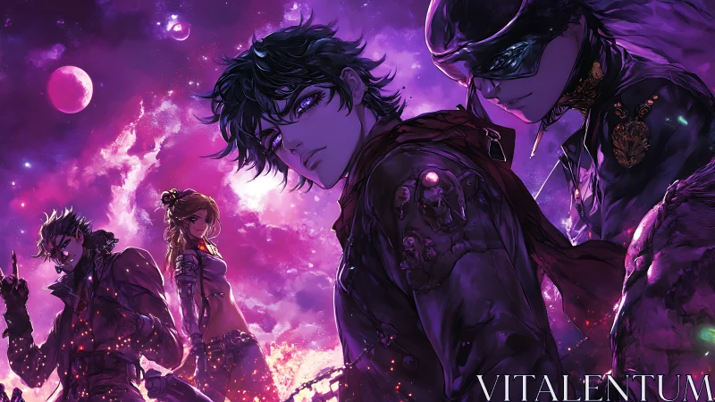 Neon cosmic squadron in atmospheric anime ensemble composition.