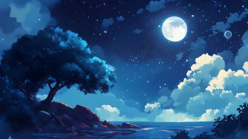 Night shoreline scene depicts full moon over calm water