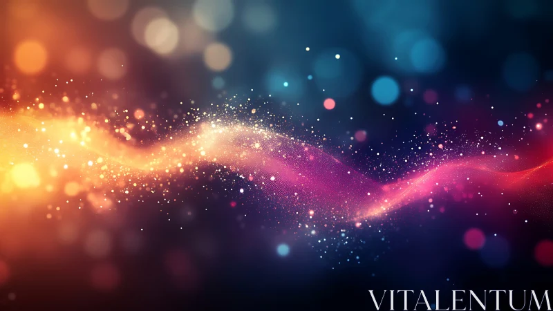 Luminous particle wave arcs through deep multicolor bokeh field