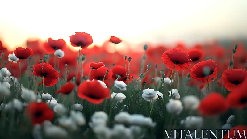 Red and white poppies fill a sunlit field in soft focus
