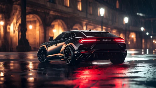 Sleek black supercar on rainy city street at night.