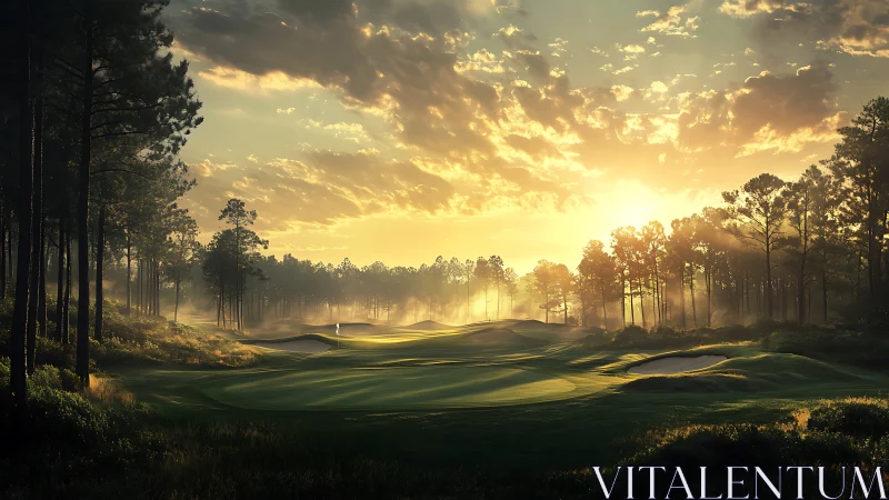 Golden hour panoramic rendering captures misty forest golf green