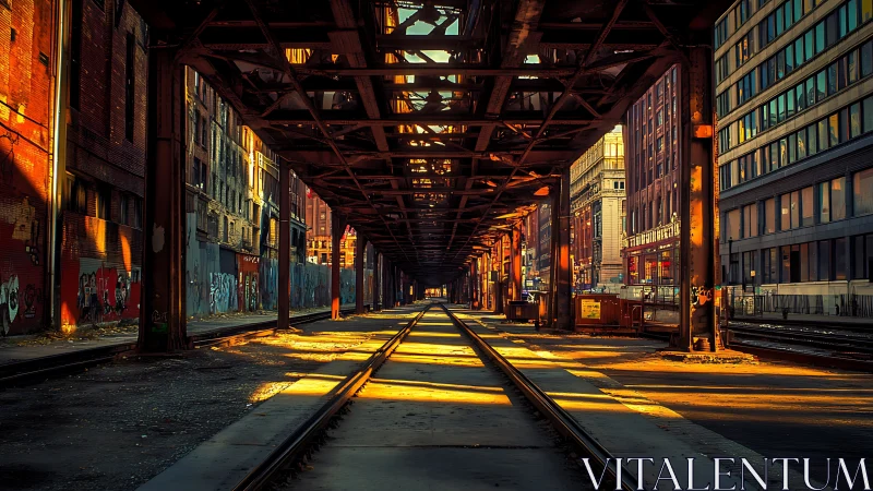 Elevated urban rail structure over empty city tracks.