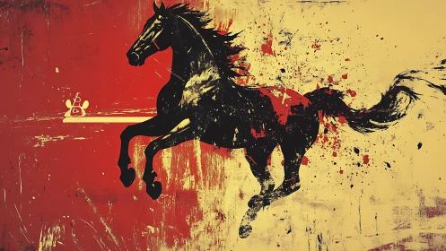 Galloping black horse over red and yellow splatter field.