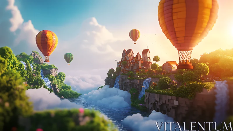 Voxel sky islands drift with sunrise balloons and waterfalls.